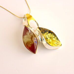 Tomosz Artszok Handmade Baltic Amber Pendant Necklace - Sterling Silver 14k Gold
